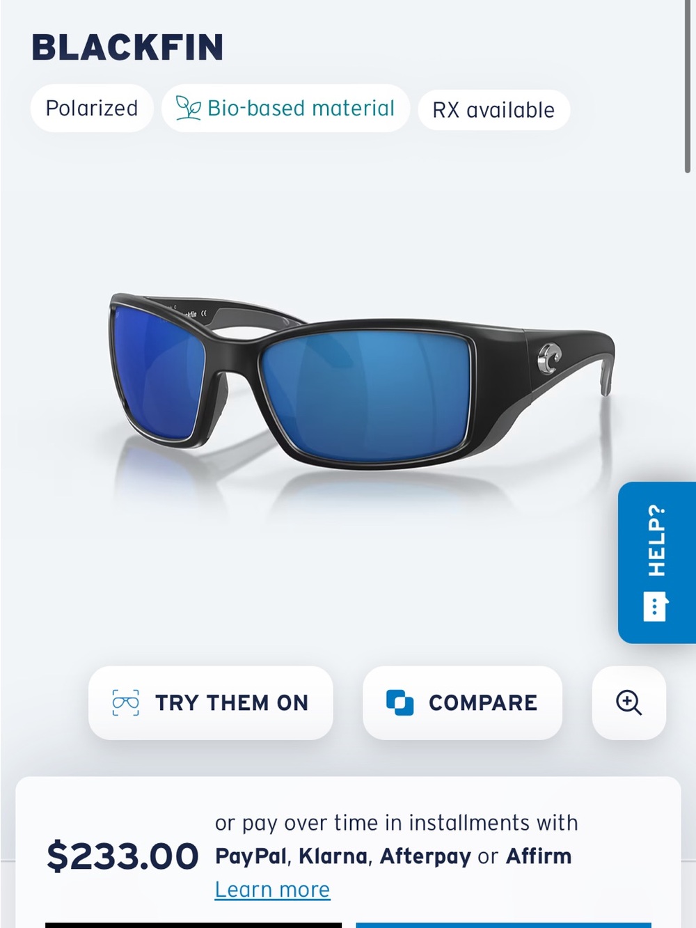 Costa Blackfin Sunglasses - Black Frame with Blue Lenses